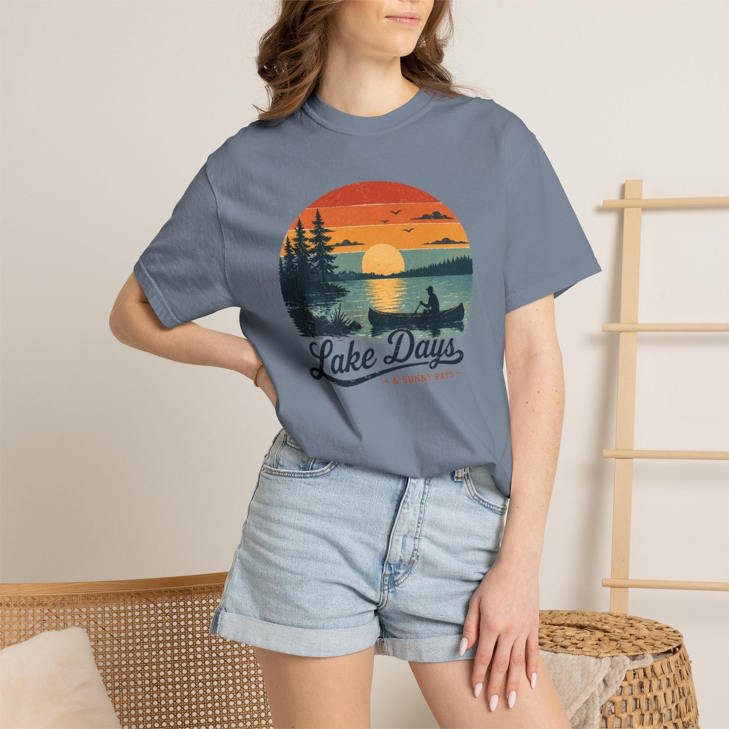 Lake Days T-Shirt — Retro Sunset Canoe Design