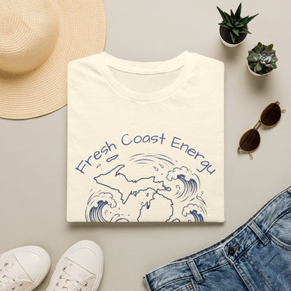 Beige t-shirt with State of Michigan design, surrounded by waves