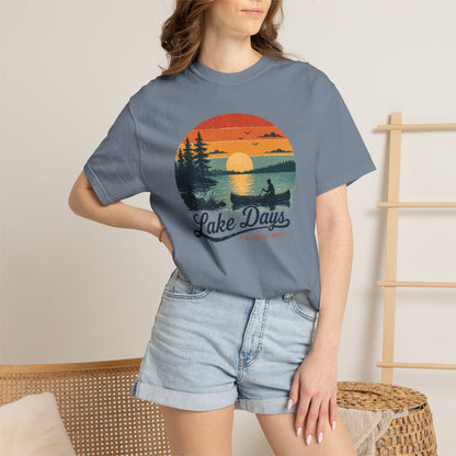 Lake Days T-Shirt — Retro Sunset Canoe Design