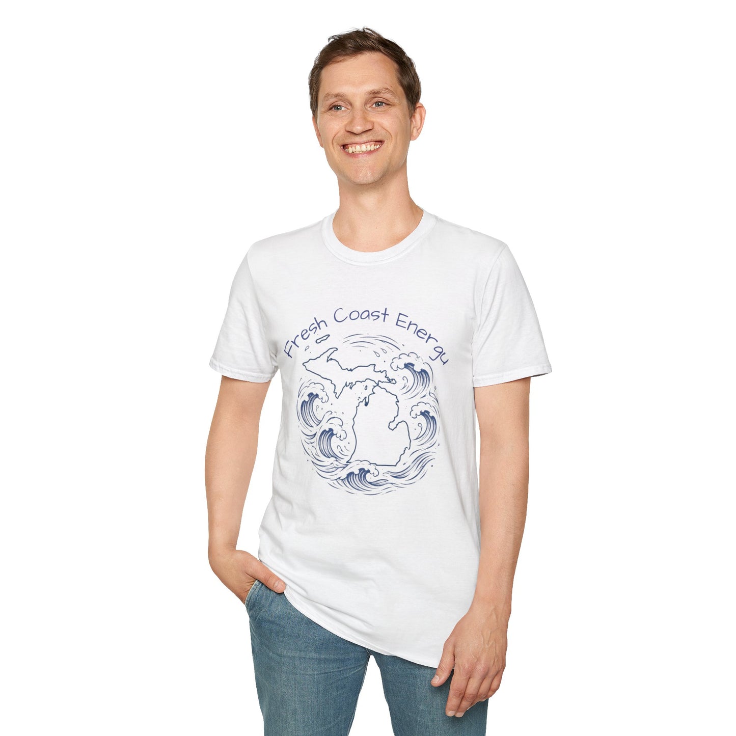Person wearing a white t-shirt with State of Michigan design, surrounded by waves