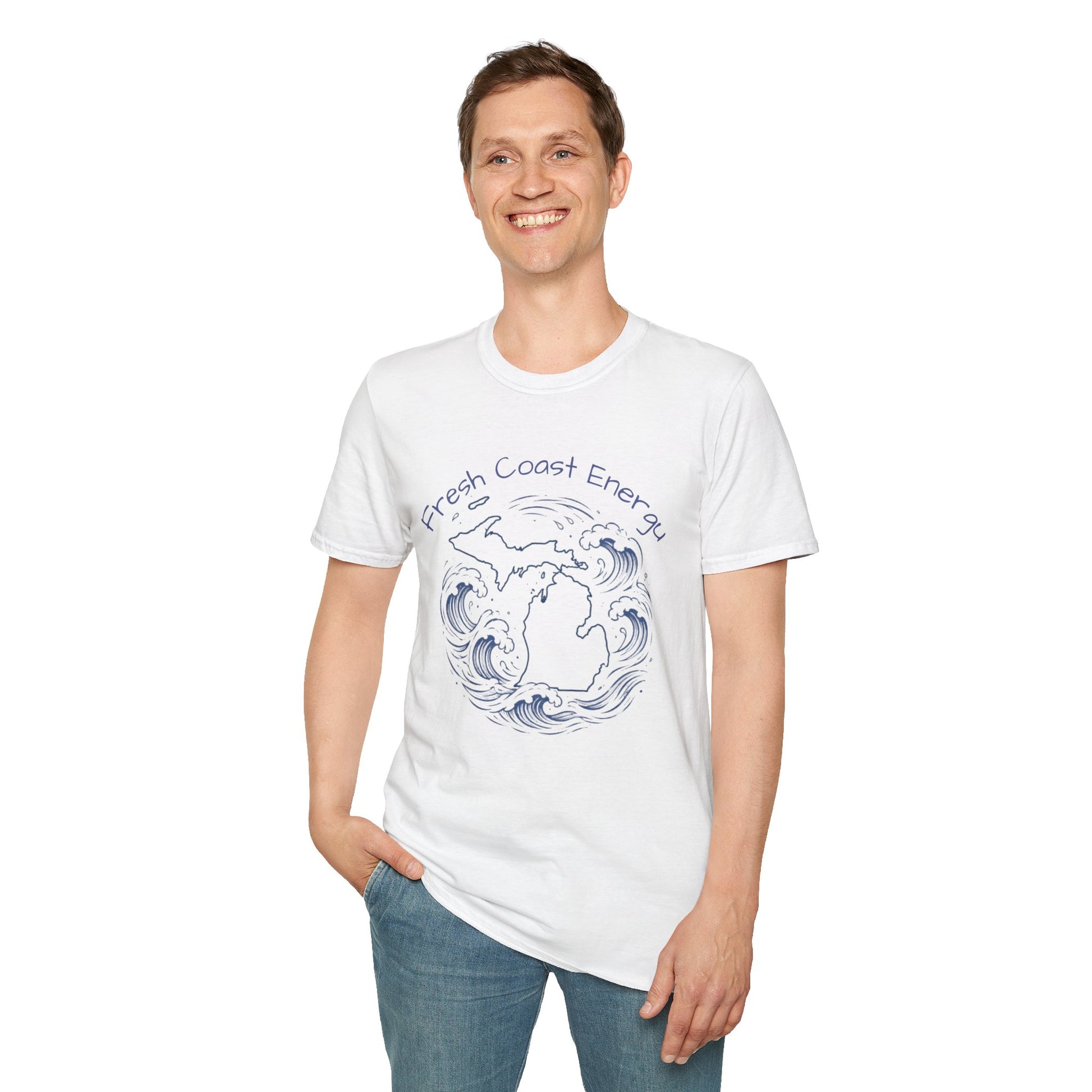 Person wearing a white t-shirt with State of Michigan design, surrounded by waves