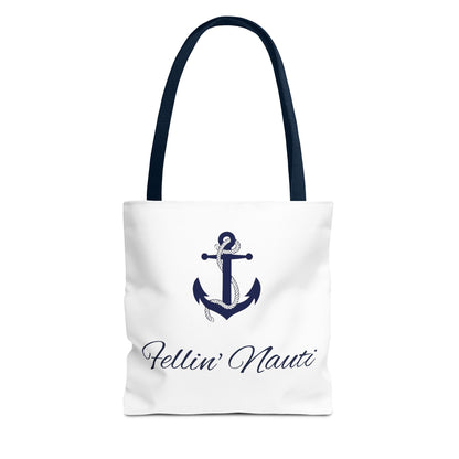 A white canvas tote bag with dark navy blue handles and a navy blue anchor graphic, with the text 'Fellin' Nauti' printed below in a dark cursive font, on a solid white background.