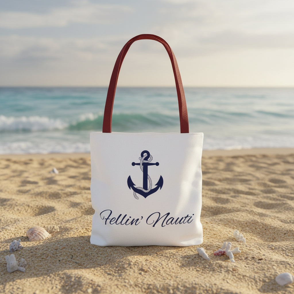 A white canvas tote bag with dark red shoulder straps, featuring a navy blue anchor graphic and the script text 'Fellin' Nauti' printed on the front, set against a plain white background.