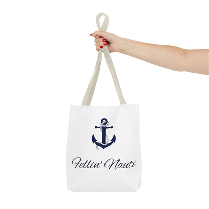 White tote bag with 'love never ends' text held by a hand on a white background