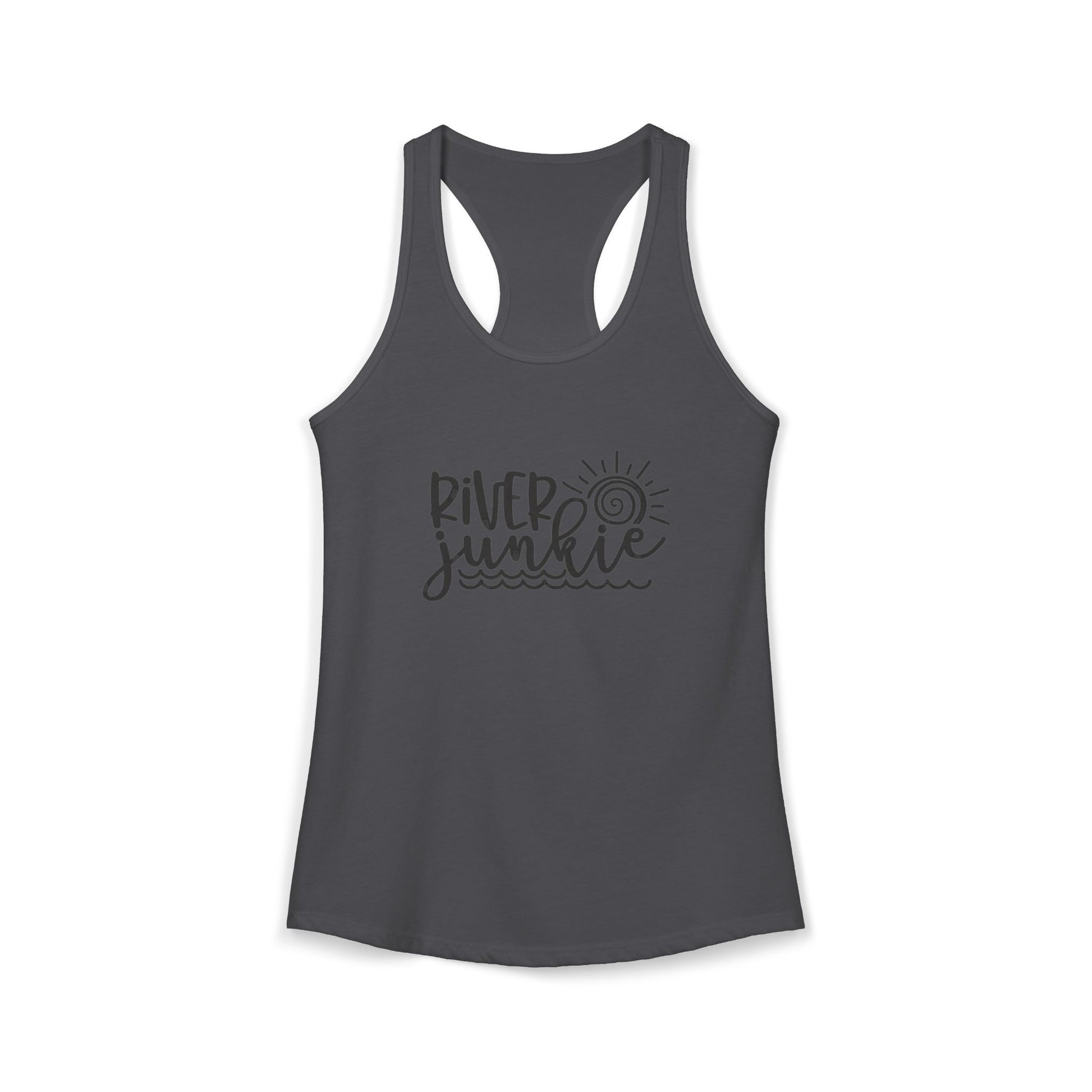 Gray tank top with 'River Junkie' text on a white background