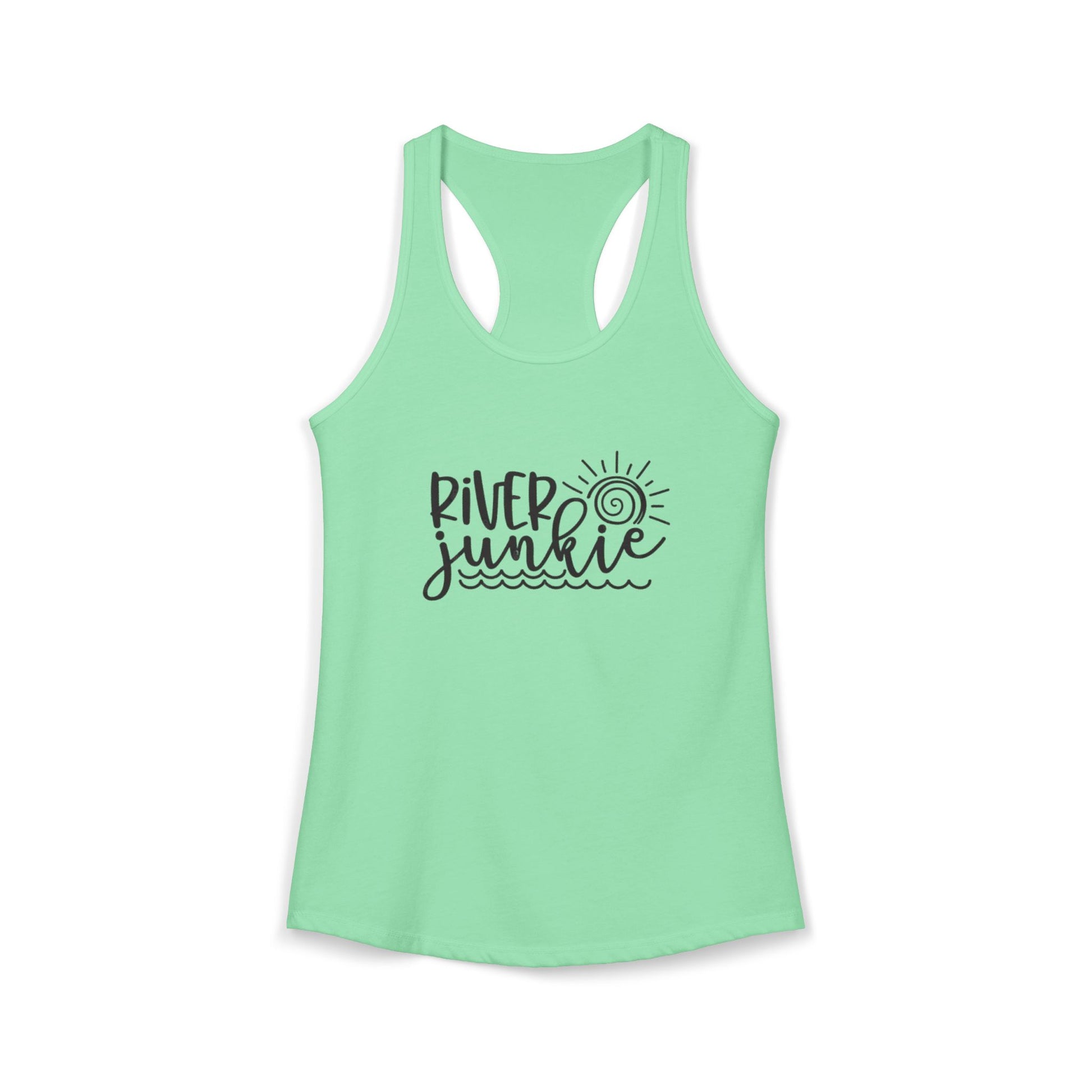 Mint green tank top with 'River Junkie' text on a white background