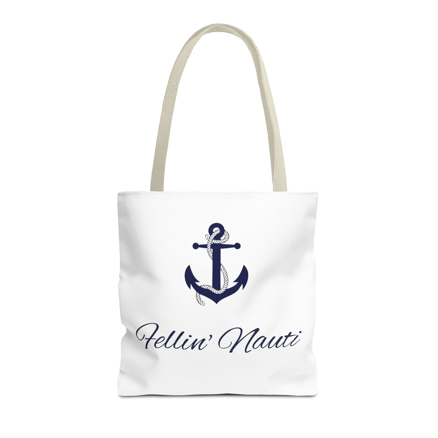 A white canvas tote bag with beige shoulder straps, featuring a navy blue anchor graphic and the script text 'Hellin' Nauti' printed on the front, set against a plain white background.