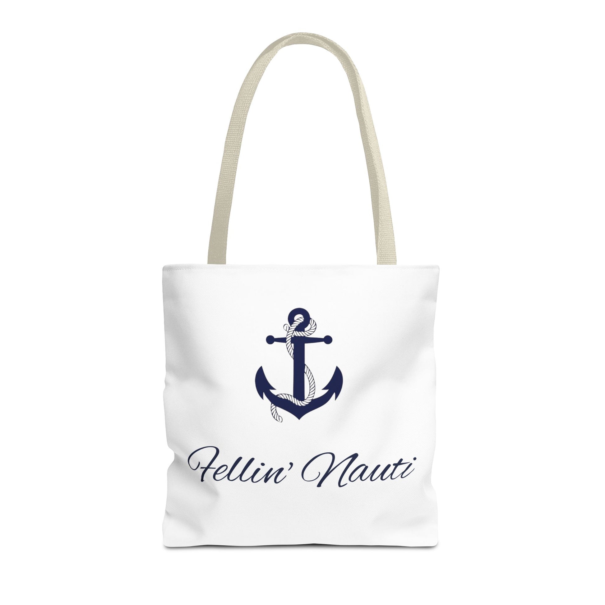 A white canvas tote bag with beige shoulder straps, featuring a navy blue anchor graphic and the script text 'Hellin' Nauti' printed on the front, set against a plain white background.