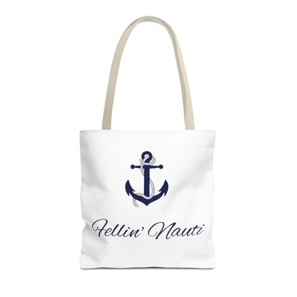 A white canvas tote bag with beige shoulder straps, featuring a navy blue anchor graphic and the script text 'Hellin' Nauti' printed on the front, set against a plain white background.