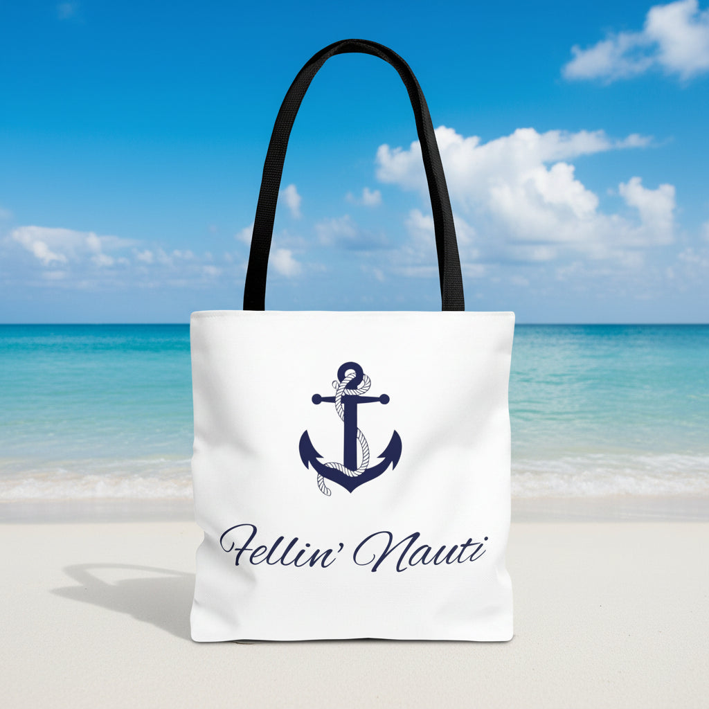 A white canvas tote bag with black shoulder straps, featuring a navy blue anchor graphic and the script text 'Hellin' Nauti' printed on the front, set against a plain white background.