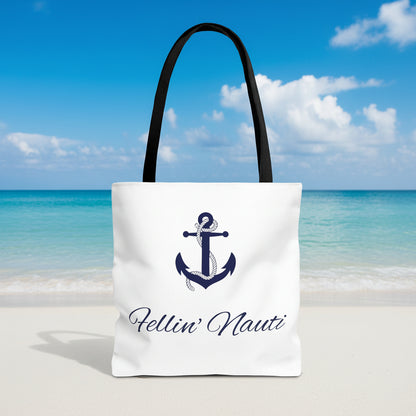 A white canvas tote bag with black shoulder straps, featuring a navy blue anchor graphic and the script text 'Hellin' Nauti' printed on the front, set against a plain white background.