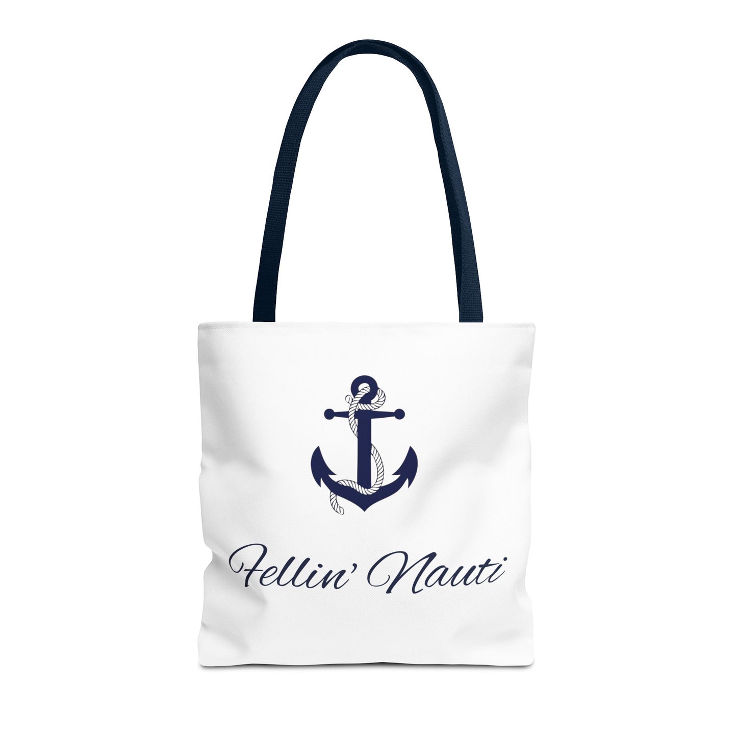 A white canvas tote bag with dark navy blue handles and a navy blue anchor graphic on the front, with the text 'Hellin' Nauti' written below in a cursive navy font, set against a plain white background.