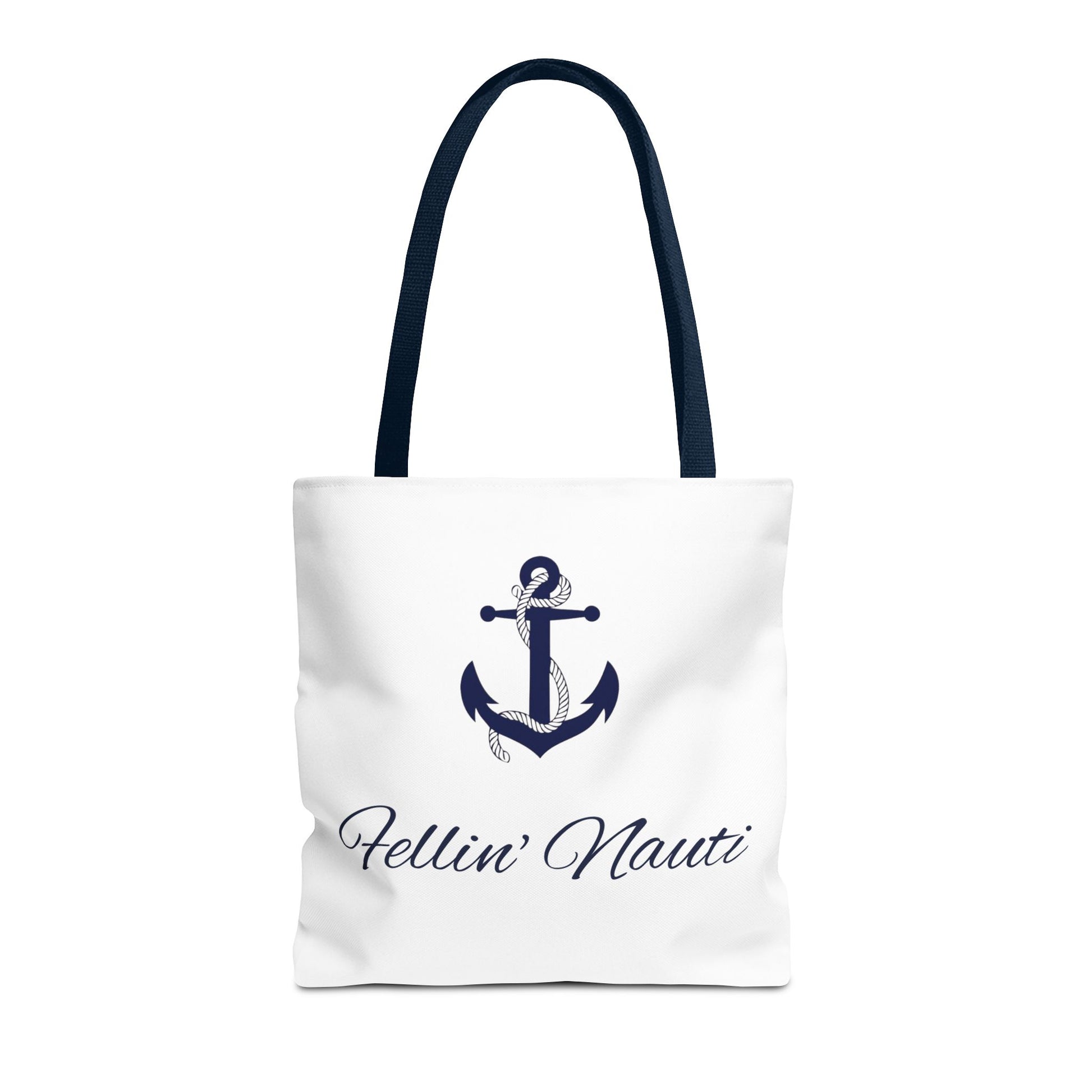 A white canvas tote bag with dark navy blue handles and a navy blue anchor graphic on the front, with the text 'Hellin' Nauti' written below in a cursive navy font, set against a plain white background.