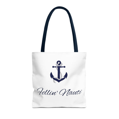 A white canvas tote bag with dark navy blue handles and a navy blue anchor graphic on the front, with the text 'Hellin' Nauti' written below in a cursive navy font, set against a plain white background.