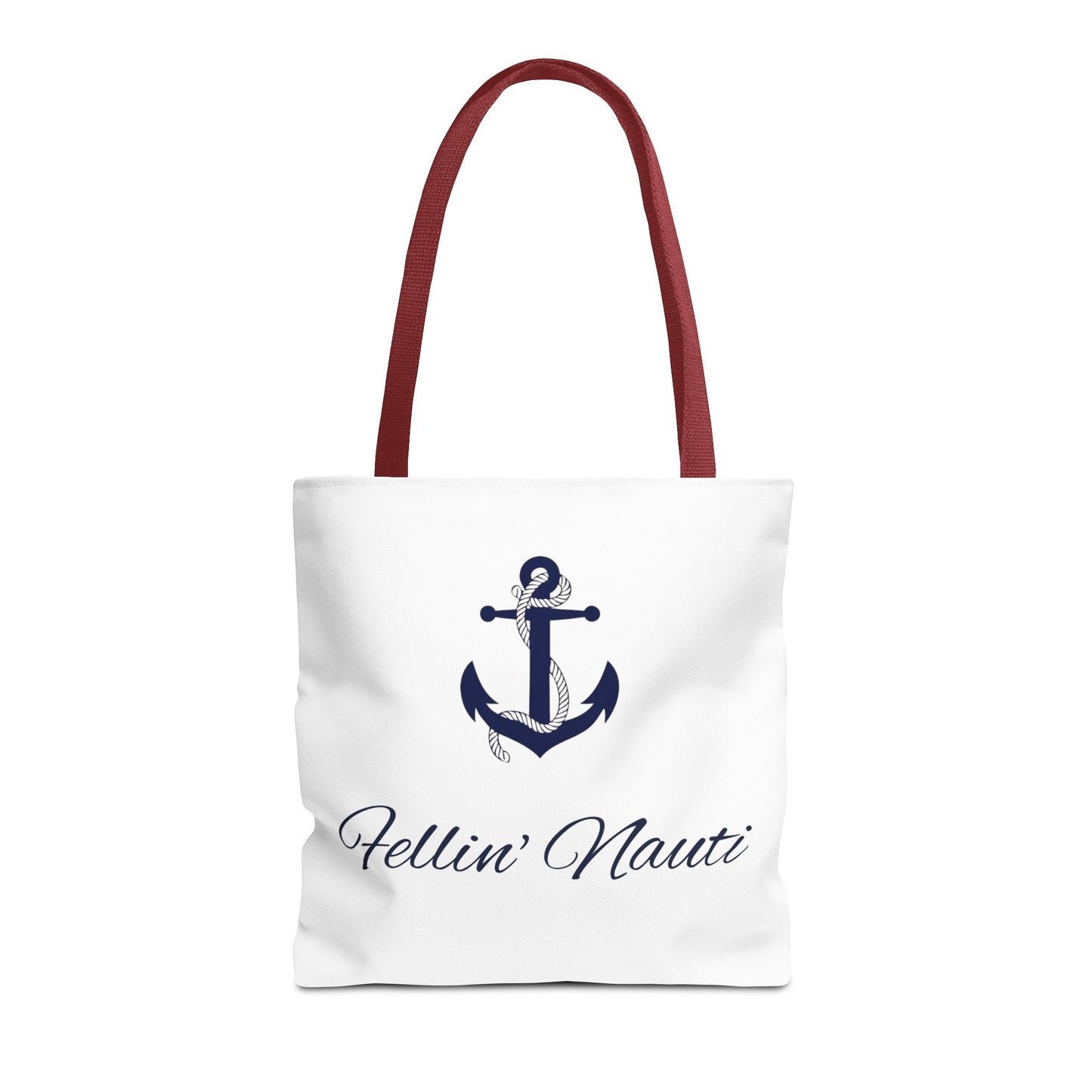 A white canvas tote bag with dark red handles, featuring a navy blue anchor graphic and the script text 'Hellin' Nauti' printed on the front, set against a plain white background.