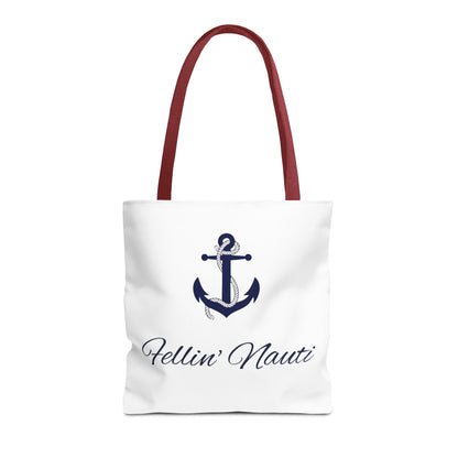 A white canvas tote bag with dark red handles, featuring a navy blue anchor graphic and the script text 'Hellin' Nauti' printed on the front, set against a plain white background.