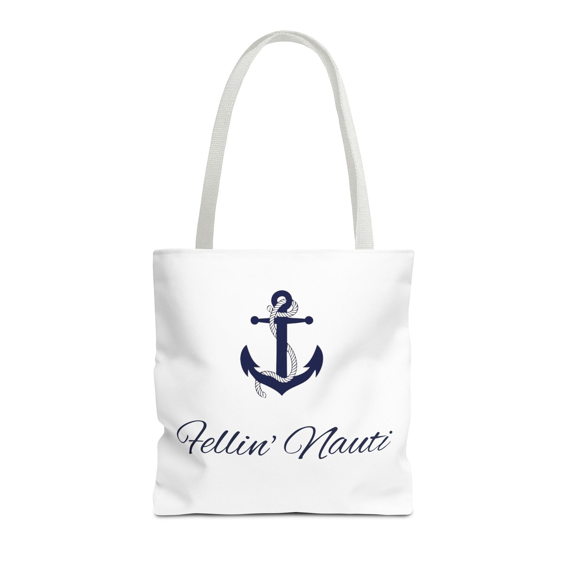 A white canvas tote bag with two white shoulder straps, featuring a navy blue anchor graphic and the script text 'Hellin' Nauti' printed on the front, set against a plain white background.