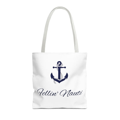 A white canvas tote bag with two white shoulder straps, featuring a navy blue anchor graphic and the script text 'Hellin' Nauti' printed on the front, set against a plain white background.