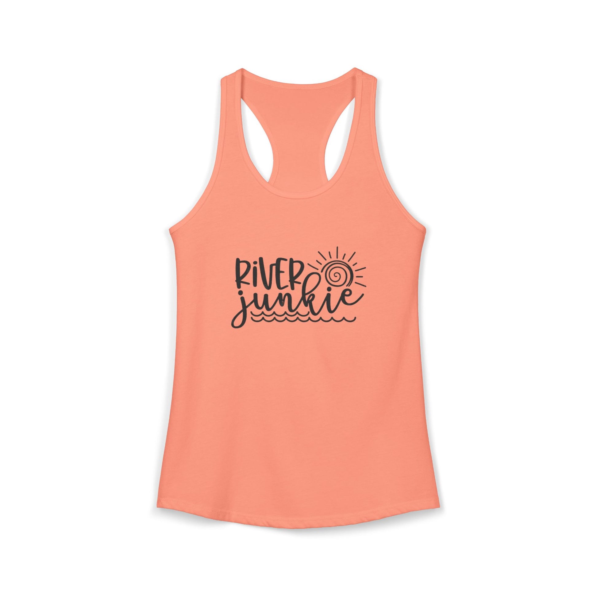 Coral tank top with 'River Junkie' text on a white background