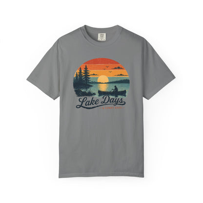 Lake Days T-Shirt — Retro Sunset Canoe Design