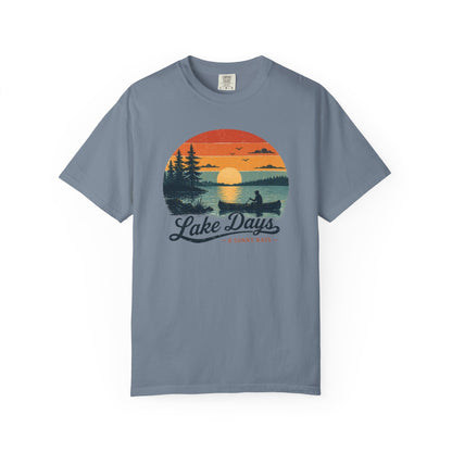 Lake Days T-Shirt — Retro Sunset Canoe Design