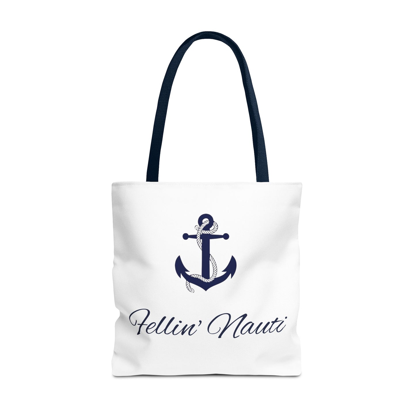 A white canvas tote bag with dark navy blue handles and a navy blue anchor graphic on the front, with the text 'Fellin' Nauti' written below in a cursive navy font, set against a plain white background.