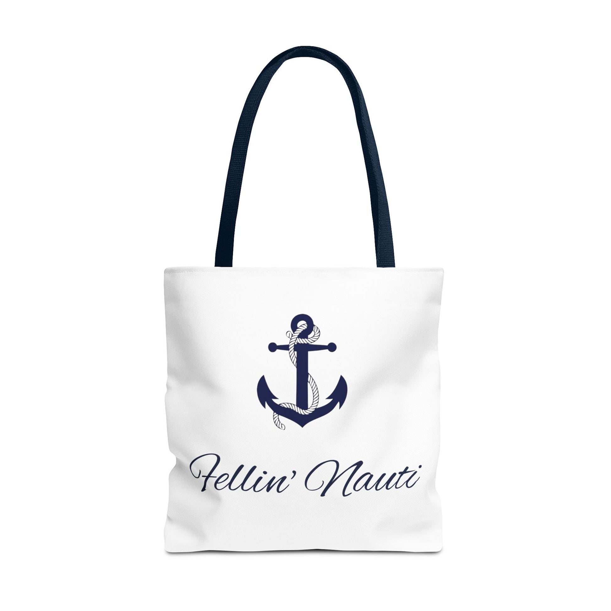 A white canvas tote bag with dark navy blue handles and a navy blue anchor graphic on the front, with the text 'Fellin' Nauti' written below in a cursive navy font, set against a plain white background.