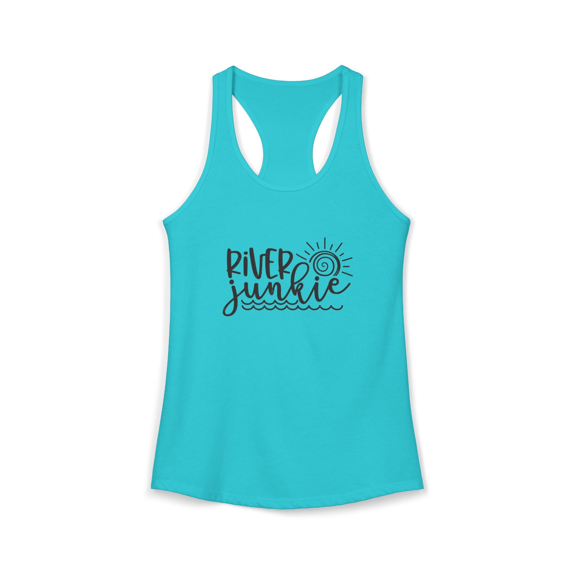 Turquoise tank top with 'River Junkie' text on a white background