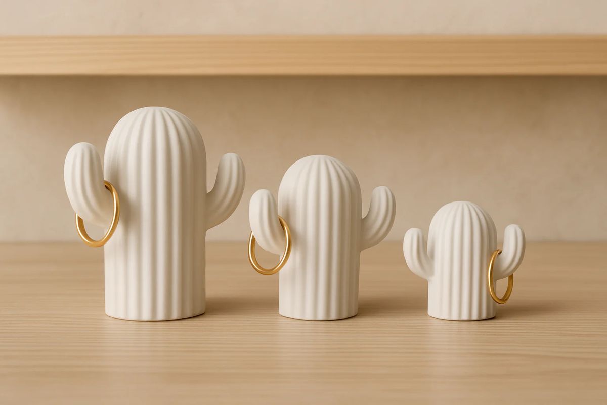 Three white cactus-shaped ceramic jars with gold rings on a wooden surface.