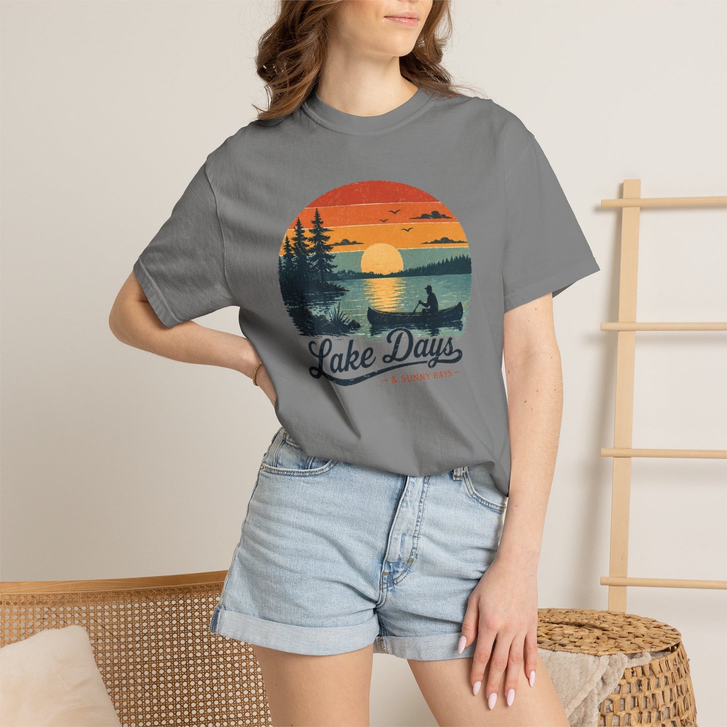 Lake Days T-Shirt — Retro Sunset Canoe Design