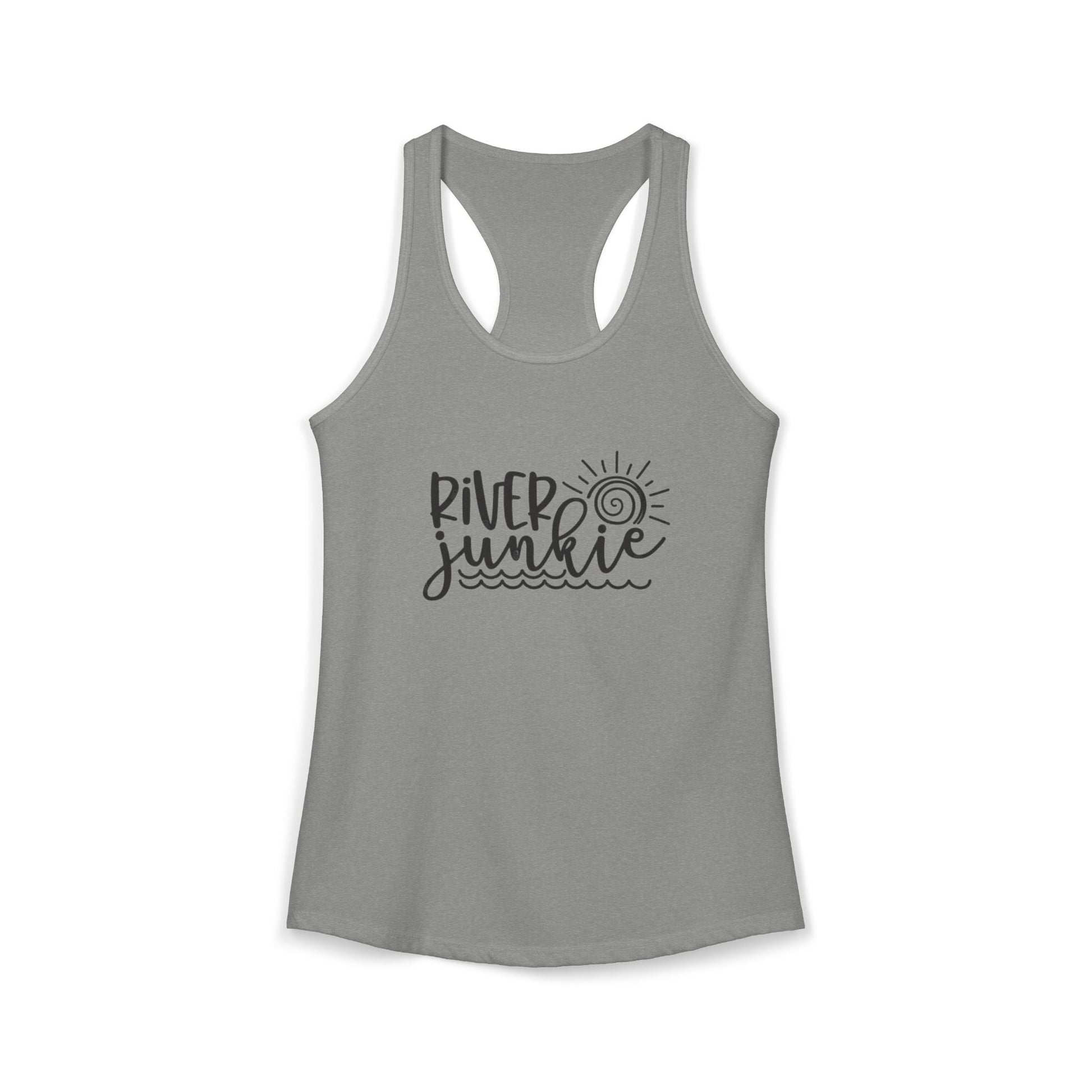 Gray tank top with black circular design on a white background