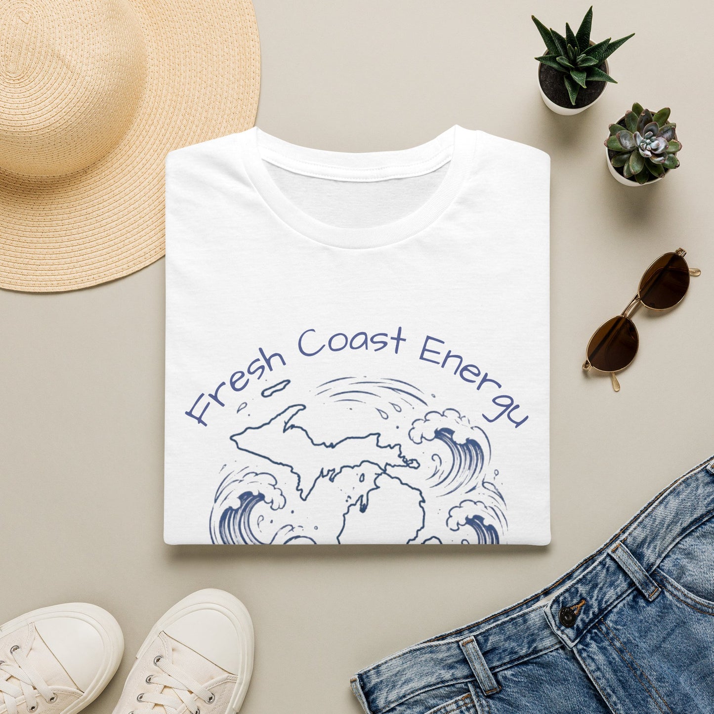 White t-shirt with a Michigan design, surrounded by waves