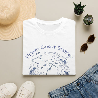 White t-shirt with a Michigan design, surrounded by waves