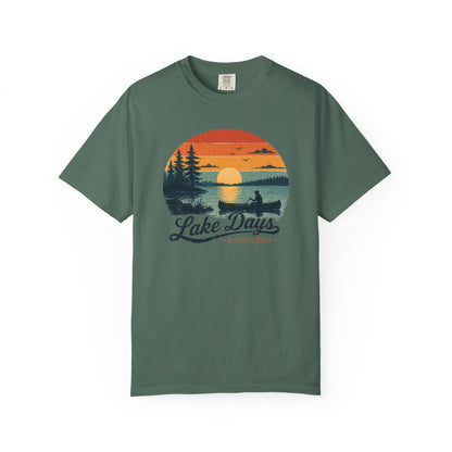 Lake Days T-Shirt — Retro Sunset Canoe Design