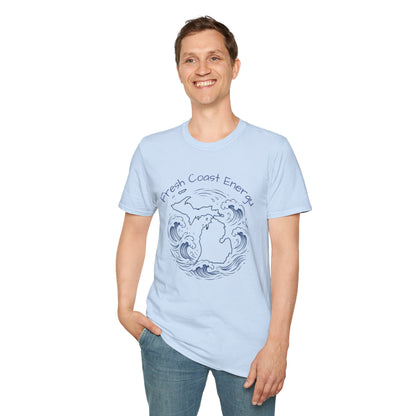 Person wearing a light blue t-shirt with State of Michigan design, surrounded by waves