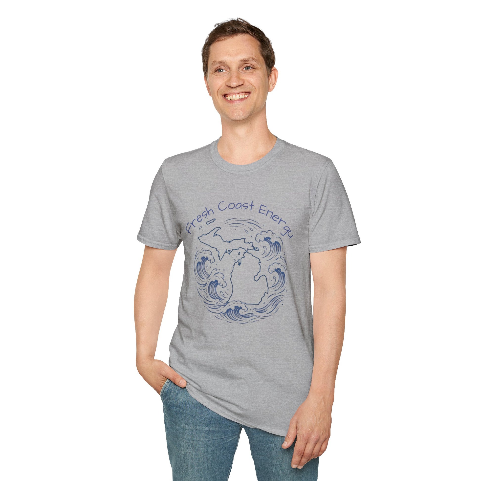 Person wearing a gray t-shirt with a graphic design and text on a white background