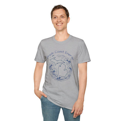 Person wearing a gray t-shirt with a graphic design and text on a white background