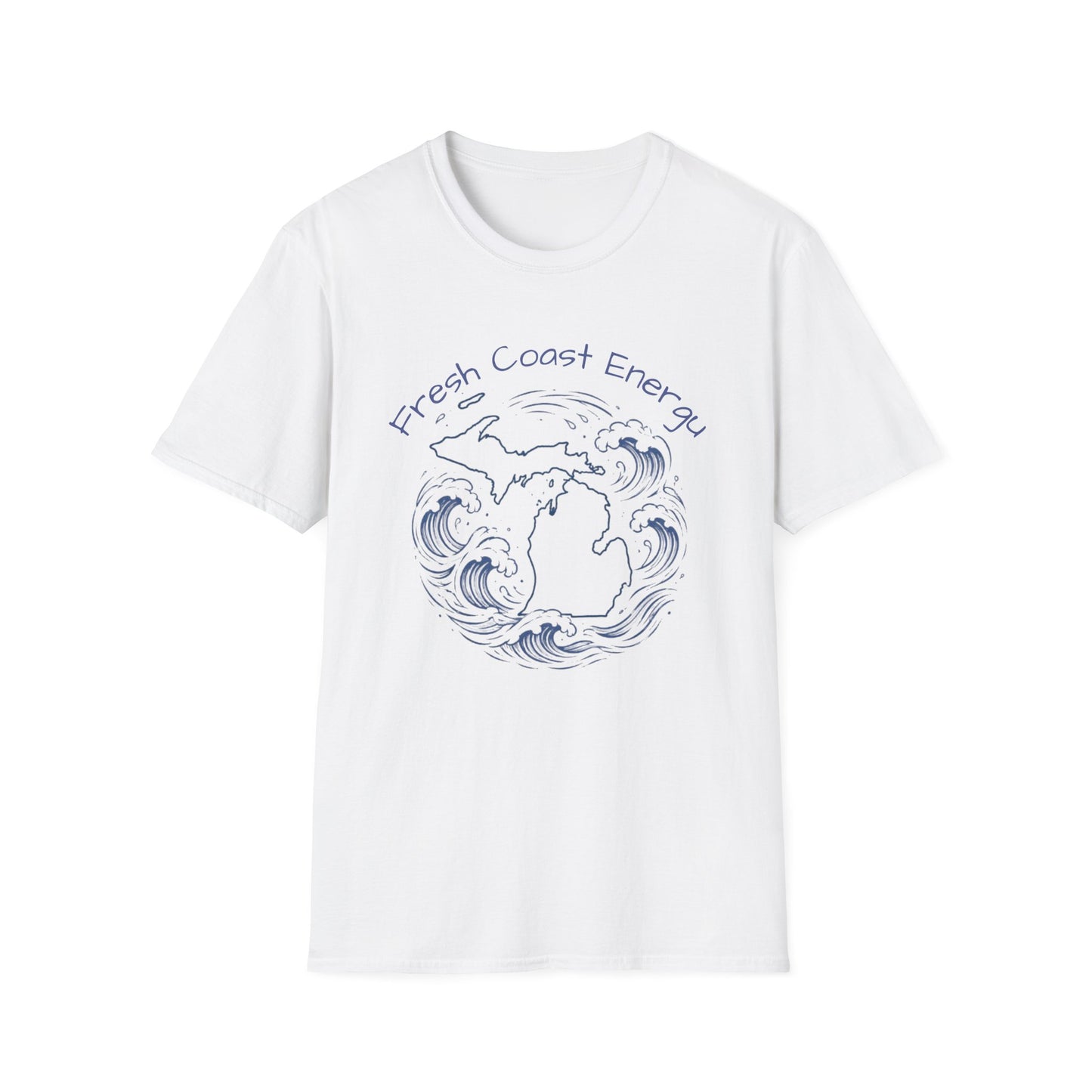 A white short-sleeve crewneck t-shirt featuring a blue graphic of the Great Lakes surrounded by waves, with the text 'Fresh Coast Energy' arched above, displayed on a clean white background.