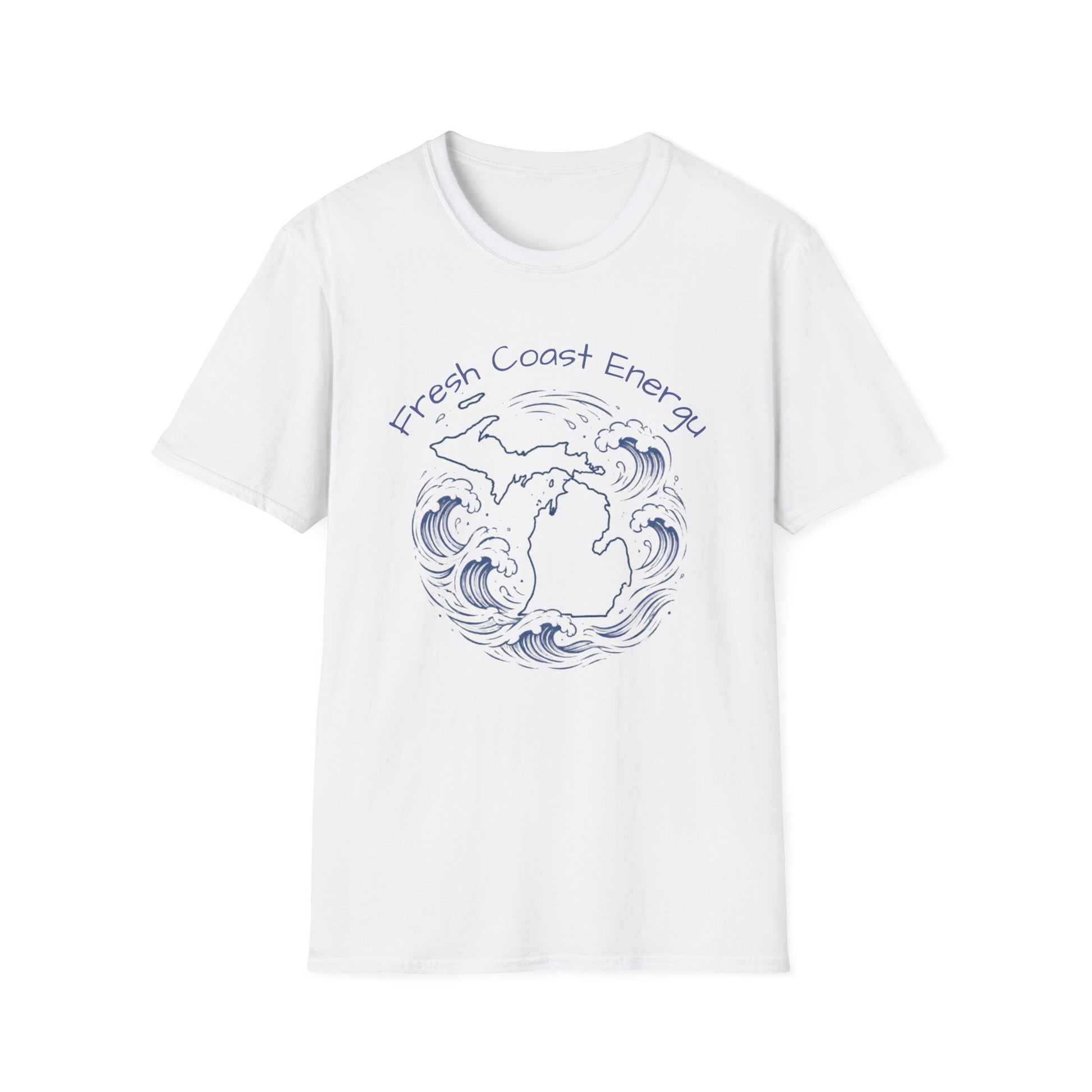 A white short-sleeve crewneck t-shirt featuring a blue graphic of the Great Lakes surrounded by waves, with the text 'Fresh Coast Energy' arched above, displayed on a clean white background.