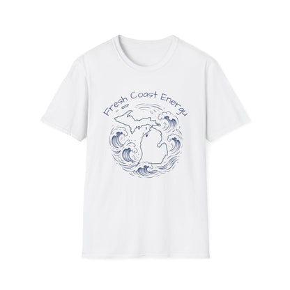 A white short-sleeve crewneck t-shirt featuring a blue graphic of the Great Lakes surrounded by waves, with the text 'Fresh Coast Energy' arched above, displayed on a clean white background.