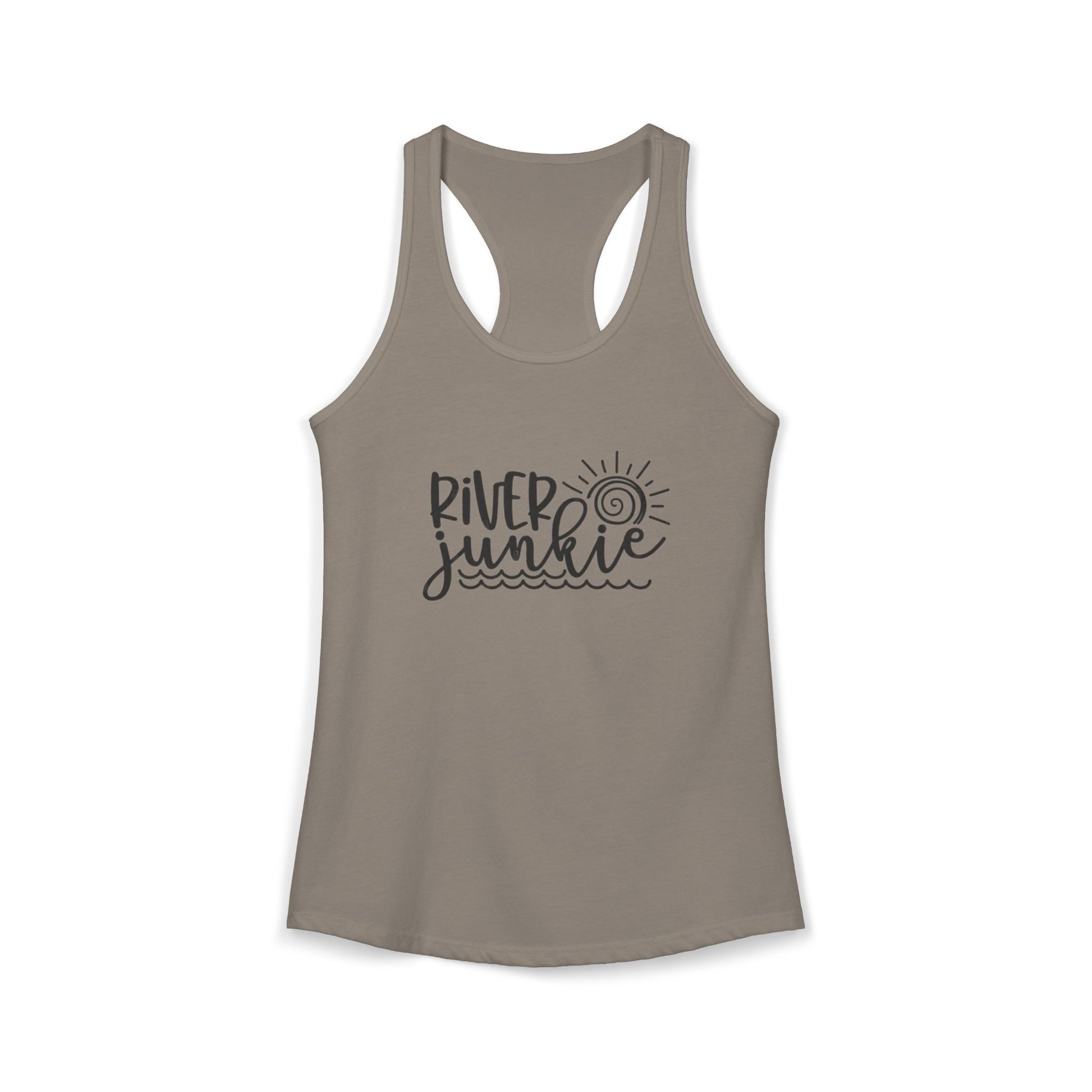 Brown tank top with 'River Junkie' text on a white background