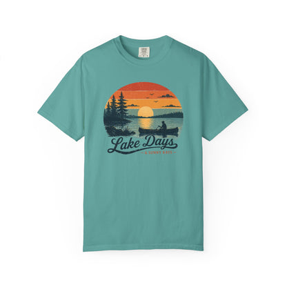Lake Days T-Shirt — Retro Sunset Canoe Design