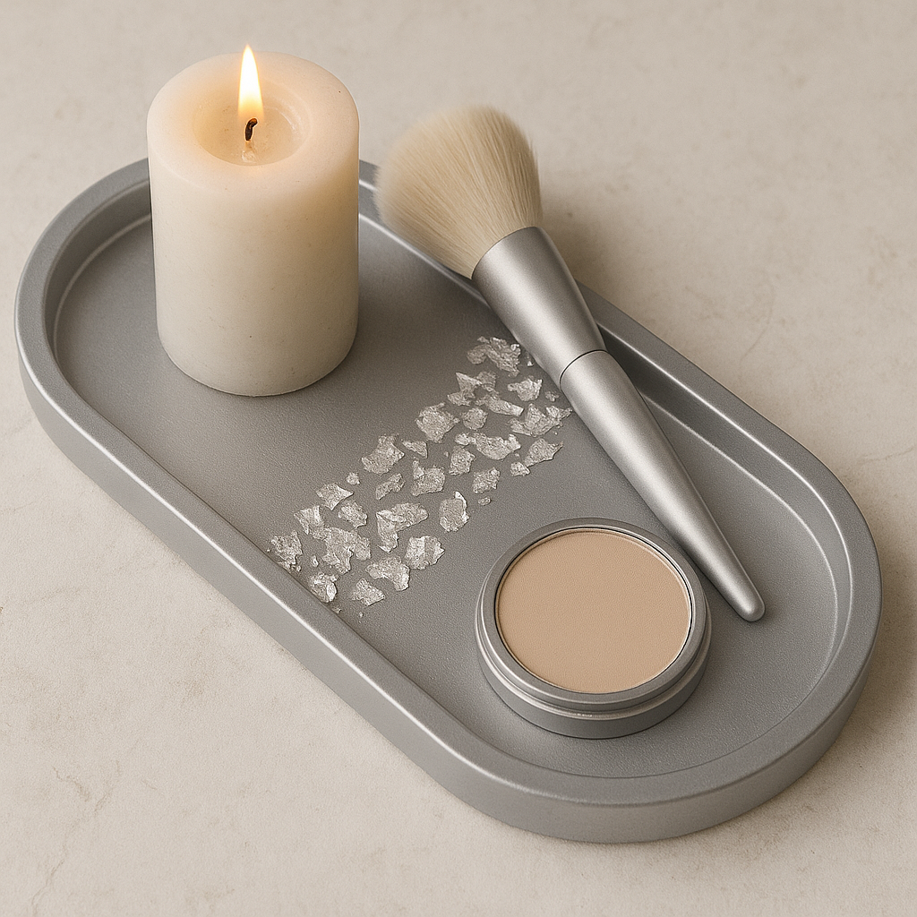 Makeup brush, container of powder, and candle on a gray tray with a beige background