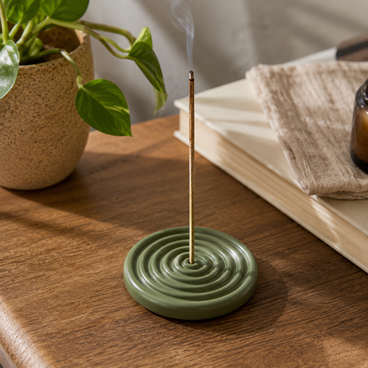 Green ceramic incense burner with a burning incense stick on a wooden surface, next to a potted plant and books.