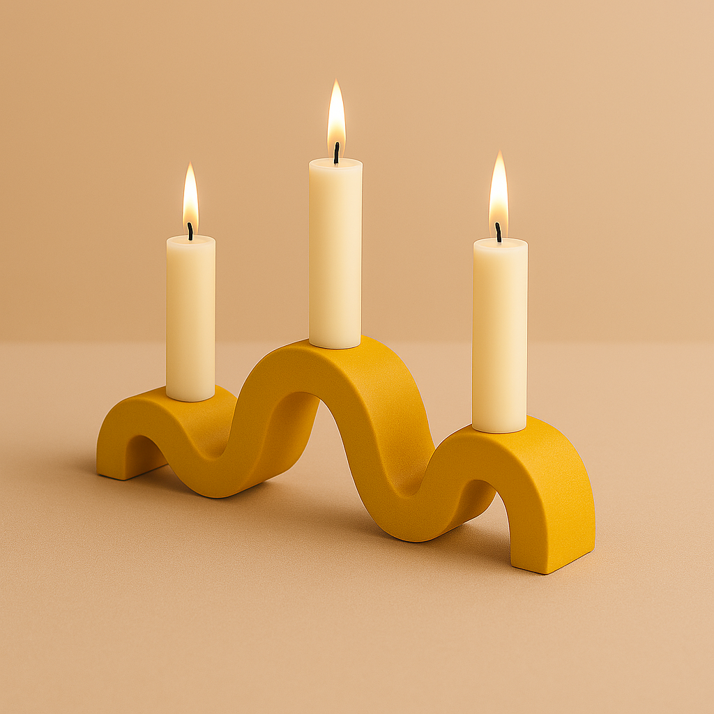 Yellow wavy candle holder with three lit candles on a beige background