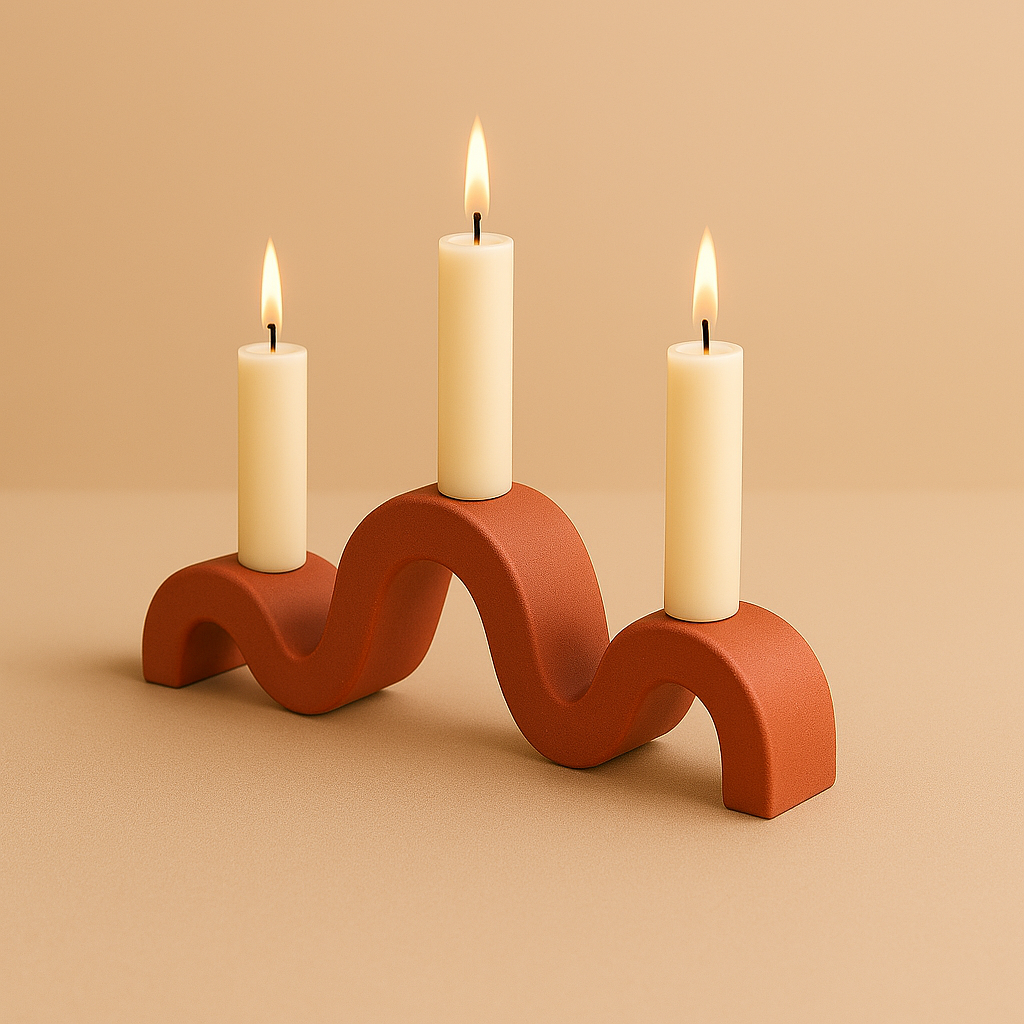 Red wavy candle holder with three white candles on a beige background