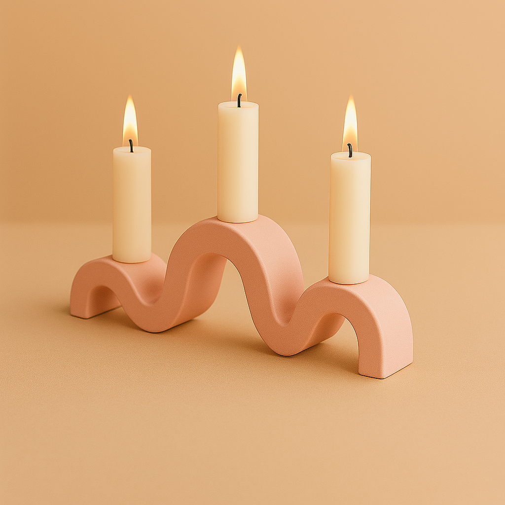 Pink wavy candle holder with three lit candles on a beige background