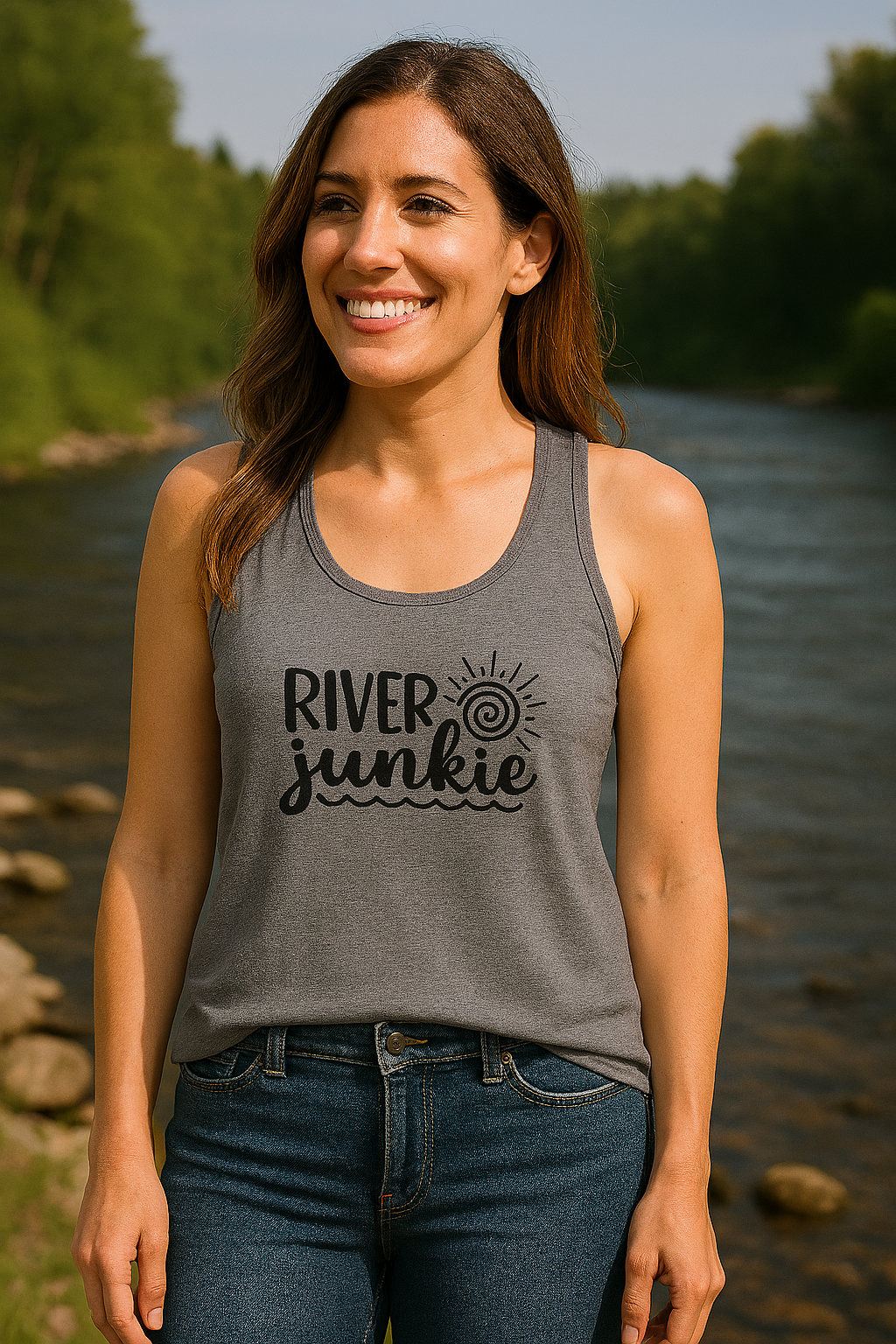 Woman wearing a 'River Junkie' tank top by a river