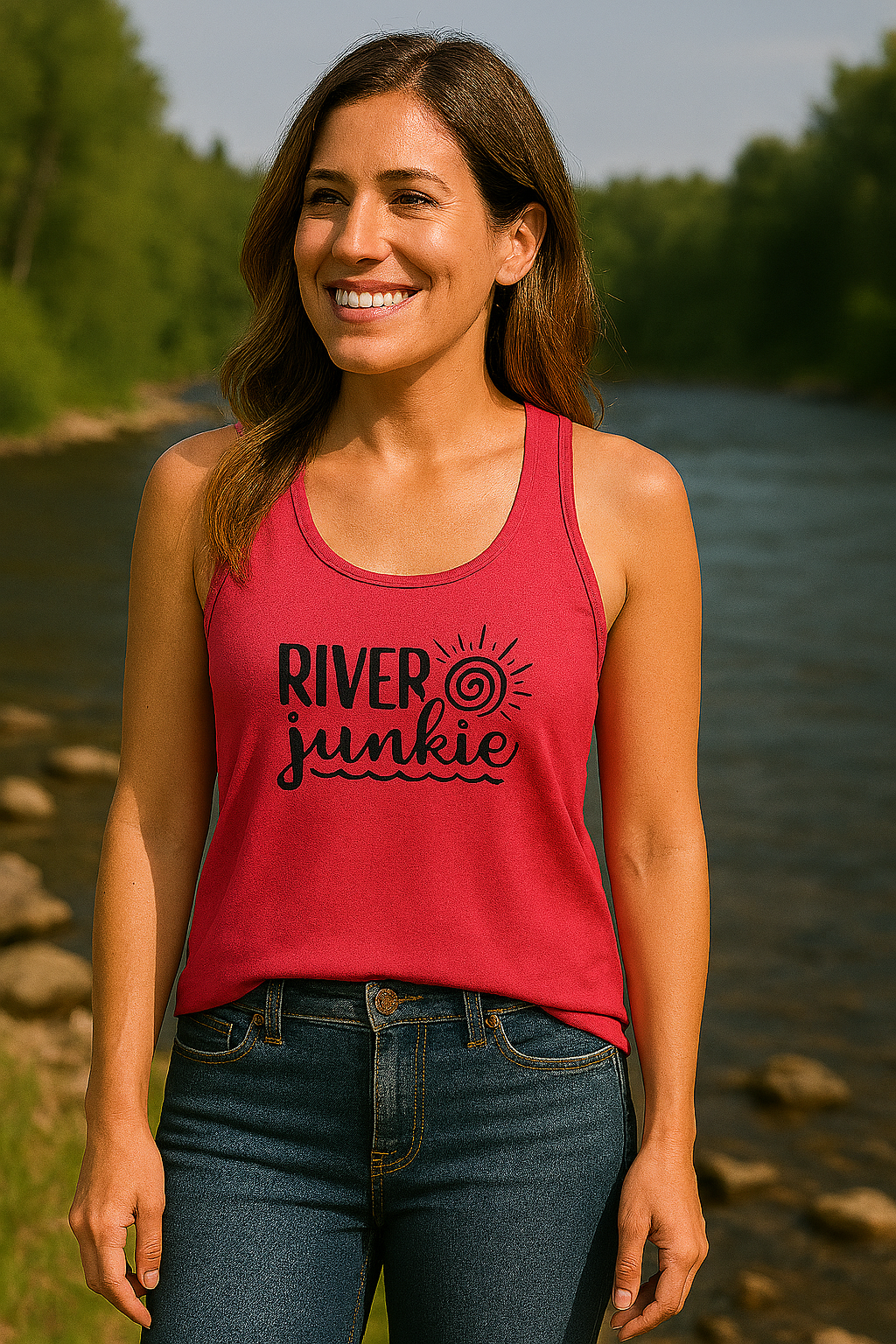 Woman wearing a red tank top with 'River Junkie' text by a river