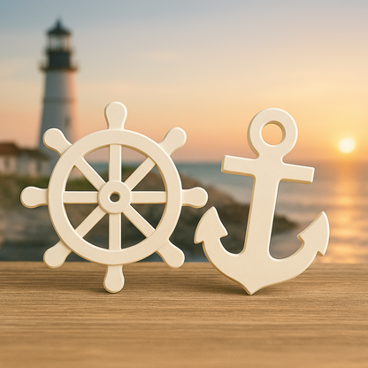 Wooden ship's wheel and anchor with a lighthouse and sunset in the background